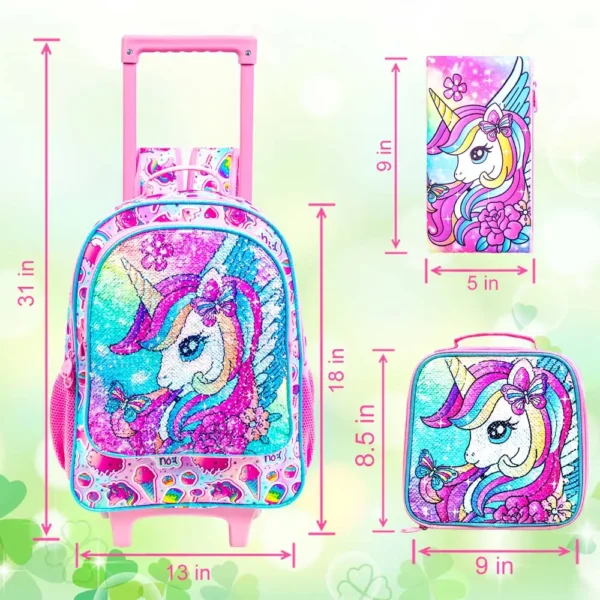 3-teiliger Einhorn-Rollrucksack für Mädchen, Schulrucksäcke für Kinder mit Rollen, Rollen-Büchertasche mit Lunchbox für die Grundschule 5