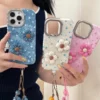 Kawaii Blume Denim Handyhülle für iPhone 17 16 Pro 17 Air 13 14 15 16 17 Pro Max Cover mit Handseil Lanyard stoßfeste Hülle 1