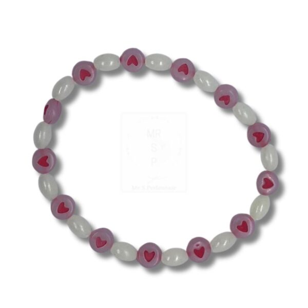 Weiß-Rosa Leuchtperlenarmband mit roten Herzen