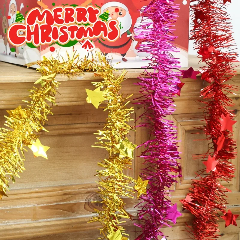 Weihnachts-Lametta-Girlande, buntes Weihnachtsband, mit Stern verziert, Dekor für Zuhause, Büro, Urlaub, Party, Baum, Kranz, Wanddekorationen 2