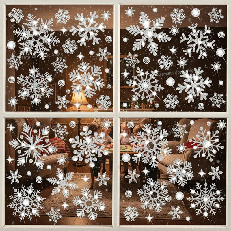 Neujahrstapete, Weihnachten Glitzer Schneeflocke Fensteraufkleber, elektrostatische Wandaufkleber Schneeflocke Tür Glas Dekor Aufkleber