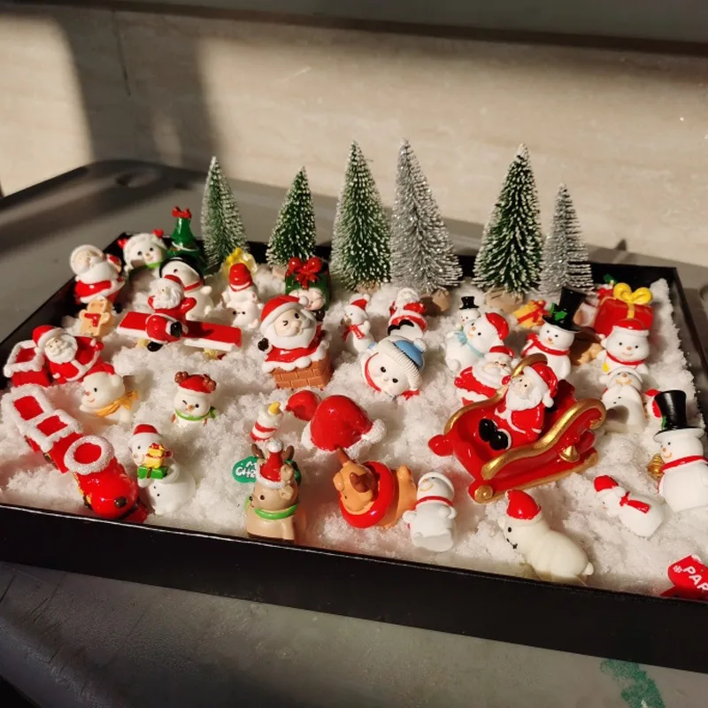 Mini-Statue, Cartoon, Weihnachtsmann, Schneemann, Kunsthandwerk, künstlicher Weihnachtsbaum, Tannenzapfen, fallender Schnee, Ornament, Heim-Festival-Dekoration 2