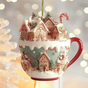 Acryl Kaffeetasse Ornament 2D Kunst Schlüsselanhänger Anhänger Weihnachten Schnee Haus Anhänger Dekoration Weihnachtsbaum Anhänger Dekoration