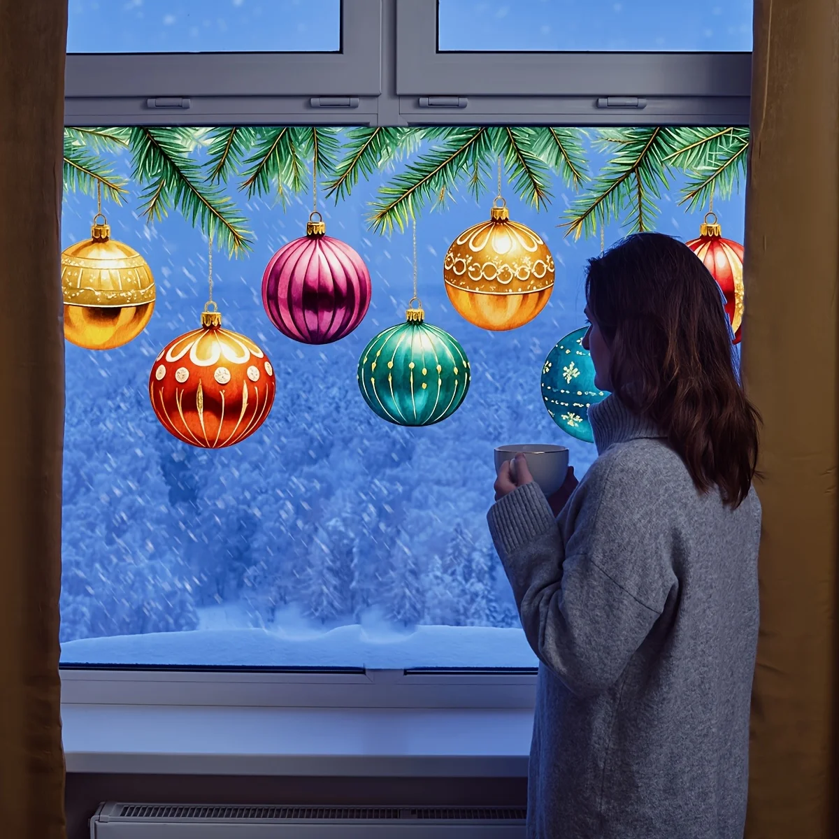 1 Satz dekorativer Glasaufkleber für Fenster mit Weihnachtsbaumzweig-Ornamenten mit statischer Haftung 3