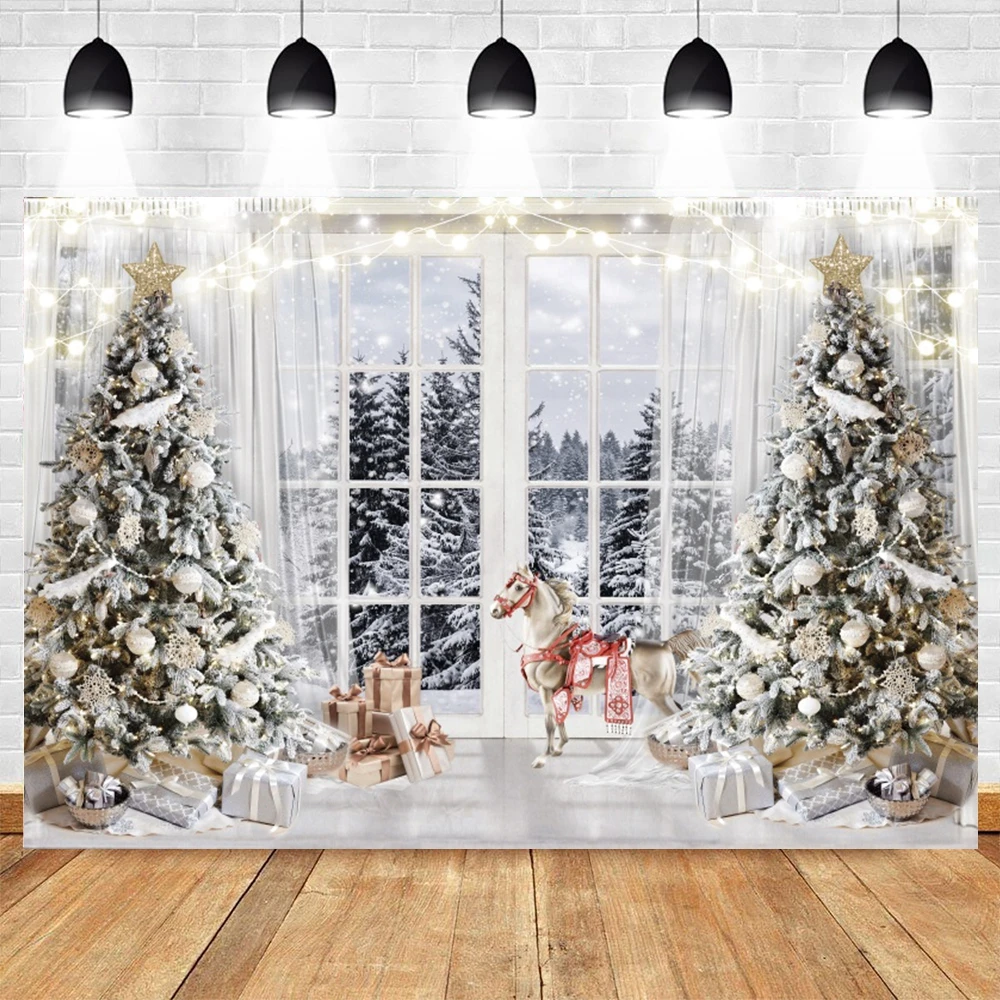 Winterlandschaft Fensterhintergrund Schnee Landschaft Baum Fotografie Hintergrund für Kinder Familie Weihnachten Neujahr Party Fotostudio 4