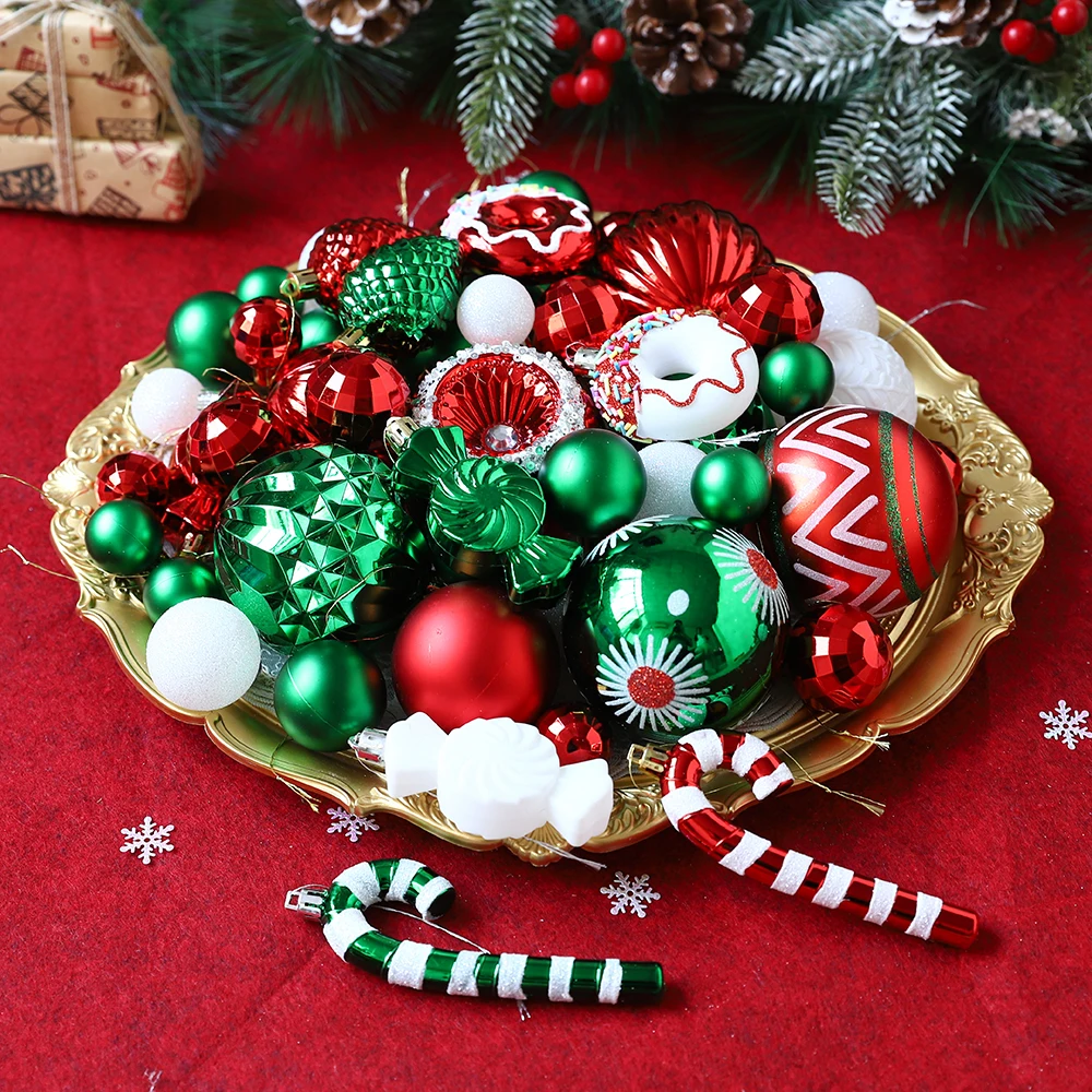 56 Teile/schachtel Weihnachten Ball Donut Cane Candy Tannenzapfen Ornament Rot Weiß Grün Weihnachten Baum Anhänger Weihnachten Neue Jahr Decor Navidad 2