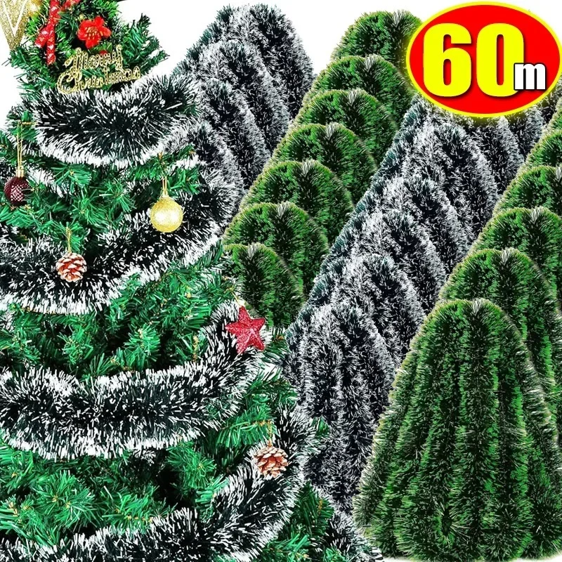 60/2 m Weihnachts-Lametta, grüne Zuckerrohrbänder, Girlande, Blumenbänder, Weihnachtsbaum, hängende Ornamente, Hochzeit, Party, Wanddekoration