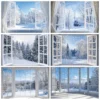 Winter Schnee Fenster Szene Fotografie Hintergrund Wunderland Schneeflocke Weiß Fenster Wald Weihnachten Party Foto Hintergrund Dekor