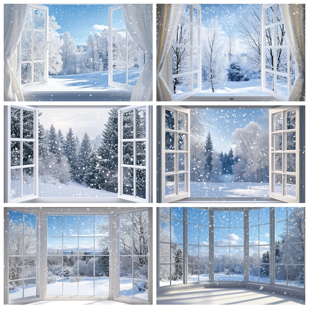 Winter Schnee Fenster Szene Fotografie Hintergrund Wunderland Schneeflocke Weiß Fenster Wald Weihnachten Party Foto Hintergrund Dekor