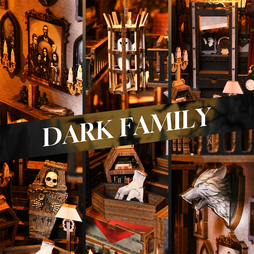 Book Nook Kit Dark Family DIY Holzpuzzle Gothic-Stil Halloween Bücherregal Puppenhaus Modell Buchstütze Gebäude Heimdekoration 3
