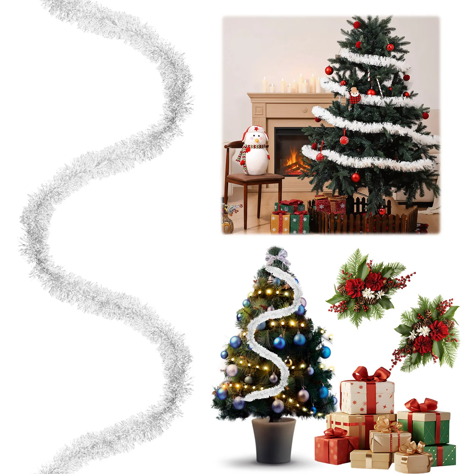 Weihnachts-Lametta-Girlande, bunte metallische Twist-Girlande, glänzende hängende Schnur, Ornament für drinnen und draußen, Urlaubsparty