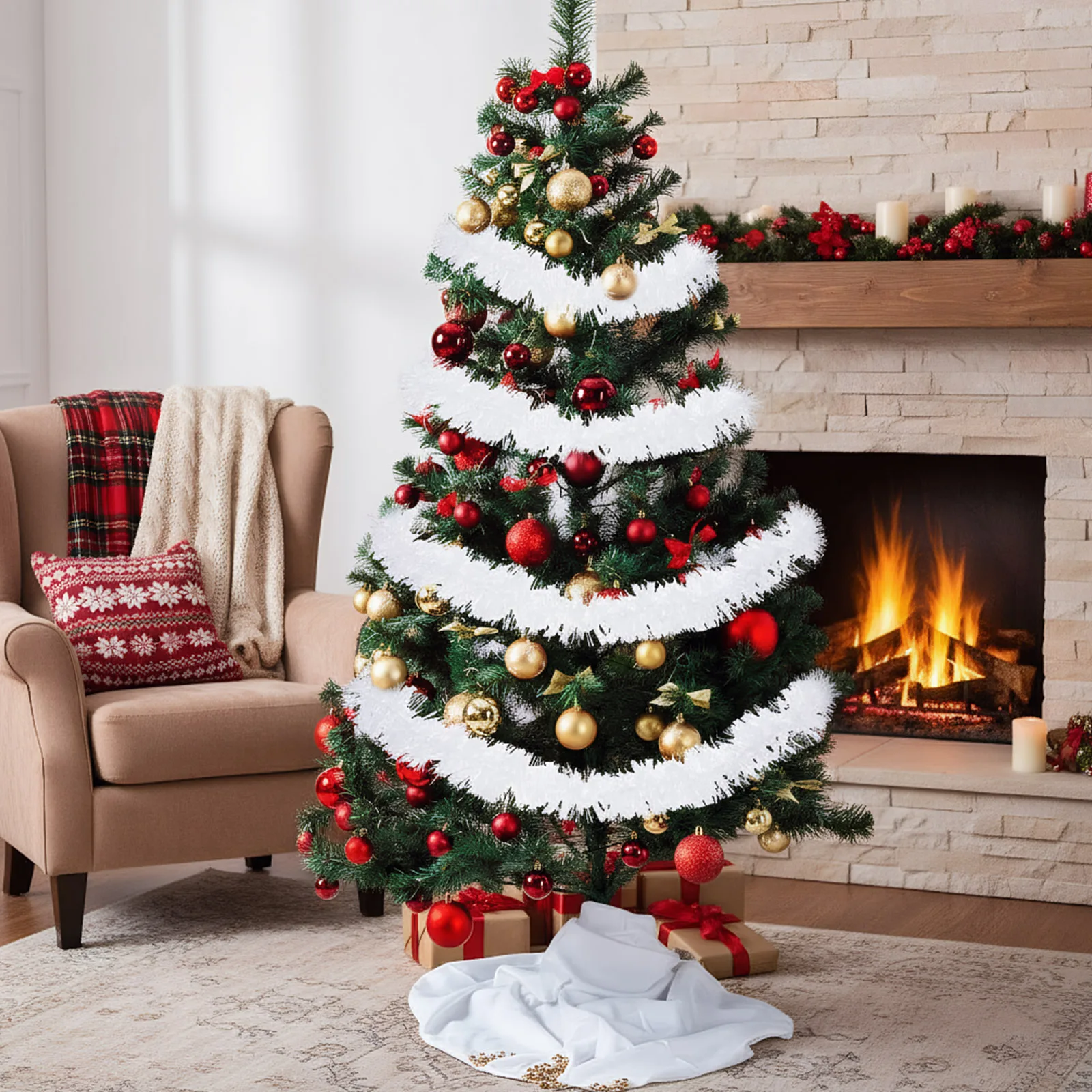 Weihnachts-Lametta-Girlande, bunt, glänzend, zum Aufhängen, Schnur-Ornament, silberne Weihnachtsgirlande für Weihnachtsbaum, Partyzubehör 3