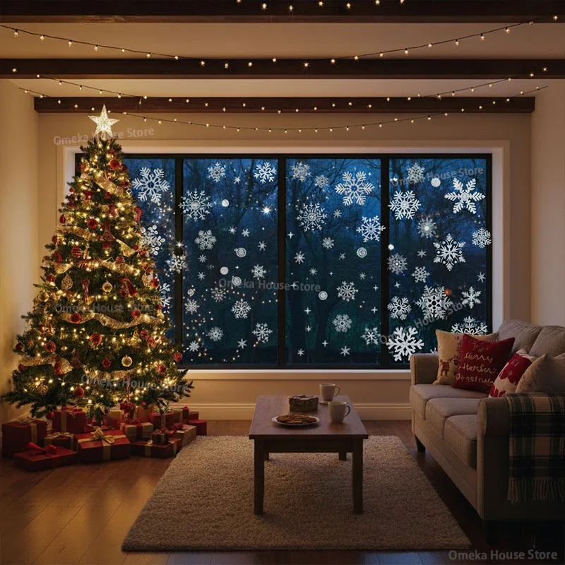 Neujahrstapete, Weihnachten Glitzer Schneeflocke Fensteraufkleber, elektrostatische Wandaufkleber Schneeflocke Tür Glas Dekor Aufkleber 6