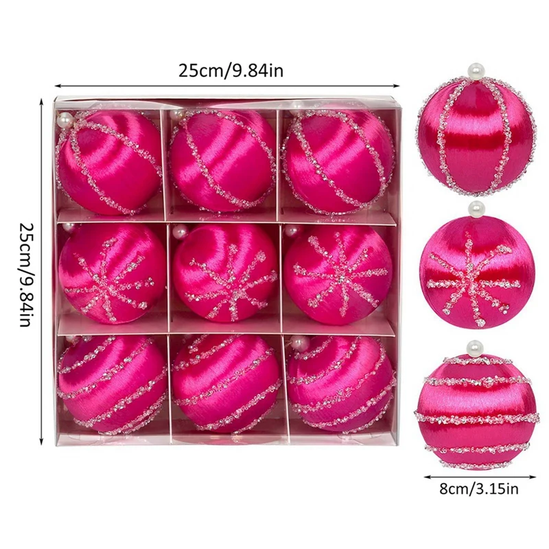 9 Stück 3,15 Zoll Seidenfaden bedeckte Weihnachtskugel-Ornamente aus Satin, bruchsichere Blasen-Set, Weihnachtsbaum-Hängedekorationen 2