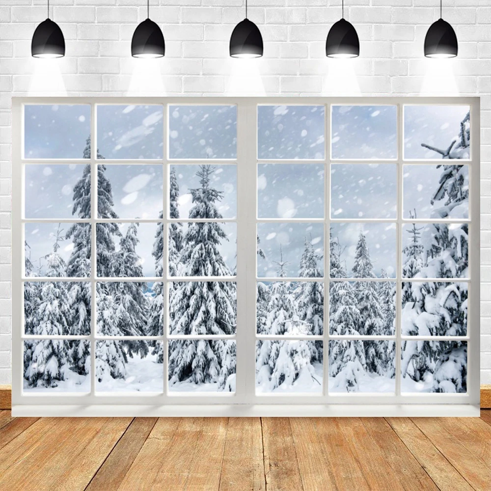 Winterlandschaft Fensterhintergrund Schnee Landschaft Baum Fotografie Hintergrund für Kinder Familie Weihnachten Neujahr Party Fotostudio 5