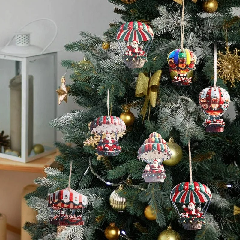 10/50 stücke Heißluft Ballon Santa Claus 2D Flache Holz Anhänger Weihnachten Baum Nette Hängen Festliche Holz Dekoration Zubehör 3