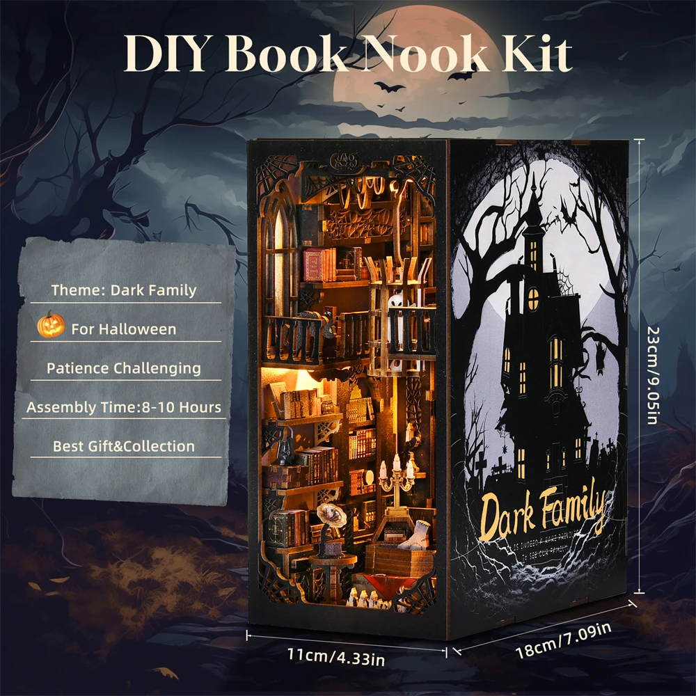 Book Nook Kit Dark Family DIY Holzpuzzle Gothic-Stil Halloween Bücherregal Puppenhaus Modell Buchstütze Gebäude Heimdekoration 4