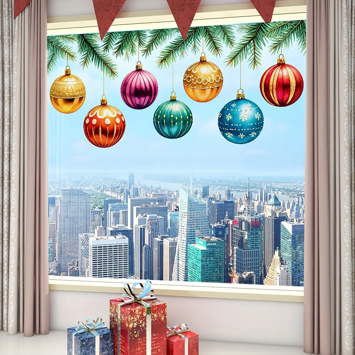 1 Satz dekorativer Glasaufkleber für Fenster mit Weihnachtsbaumzweig-Ornamenten mit statischer Haftung 4