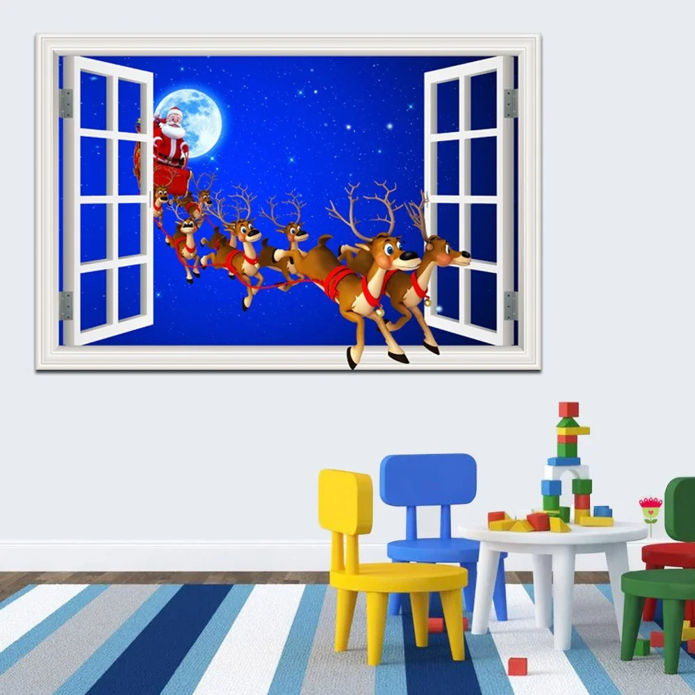 3D Weihnachten Fenster Ansicht Wand Anime Vinyl Aufkleber Santa Claus Deer Wandbild Aufkleber Kunst Festival Tapete Bild Für Zimmer Dekor 2