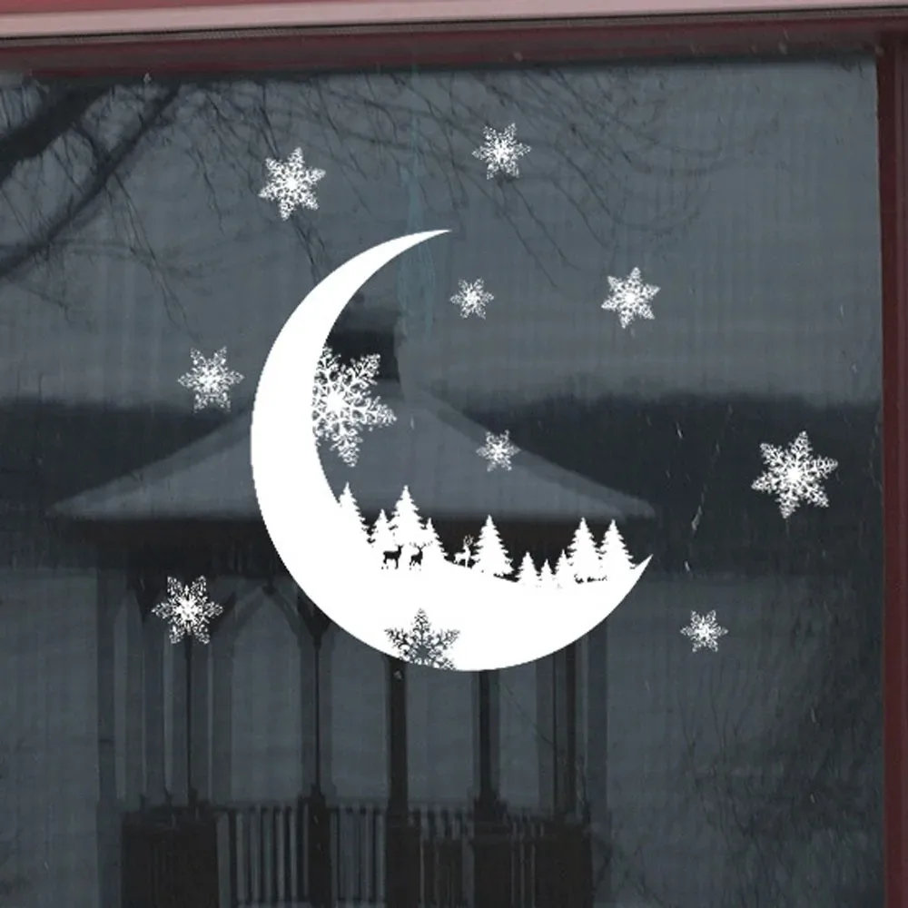 Mond Schneeflocken Wandaufkleber PVC Kunst Wandtattoos DIY abnehmbare Fensterglas selbstklebende Neujahr Weihnachten Aufkleber Home Decor 3