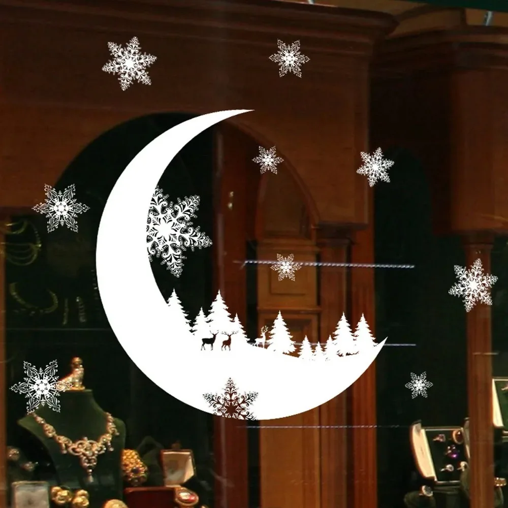 Mond Schneeflocken Wandaufkleber PVC Kunst Wandtattoos DIY abnehmbare Fensterglas selbstklebende Neujahr Weihnachten Aufkleber Home Decor 4