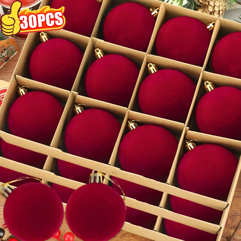 6–30 Stück rote beflockte Kugeln, Weihnachtsschmuck, Weihnachtsbaum-hängende Anhänger, Samtkugel, Hochzeit, Urlaub, Party, Heimdekoration