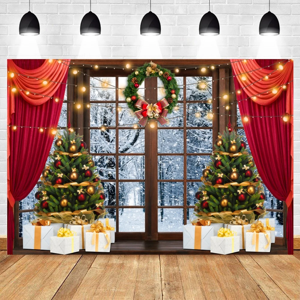 Winterlandschaft Fensterhintergrund Schnee Landschaft Baum Fotografie Hintergrund für Kinder Familie Weihnachten Neujahr Party Fotostudio 2
