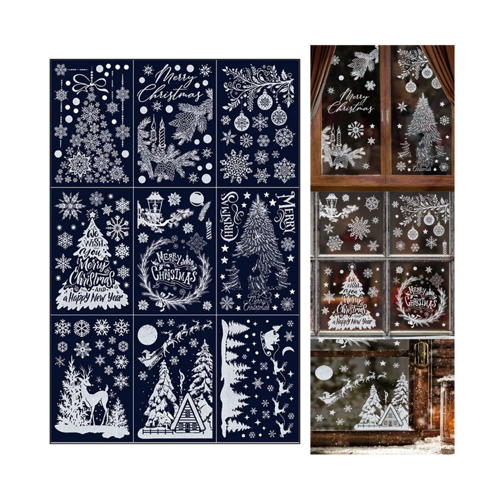 Wiederverwendbare Weihnachts-Fensteraufkleber, doppelseitiger Rentier-Schneeflocken-Aufkleber für Glas, einfach aufzutragen, abnehmbare PVC-Dekoration 6