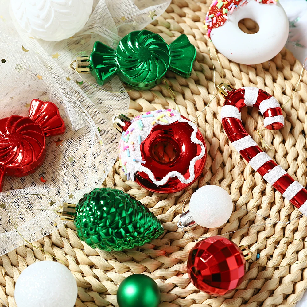 56 Teile/schachtel Weihnachten Ball Donut Cane Candy Tannenzapfen Ornament Rot Weiß Grün Weihnachten Baum Anhänger Weihnachten Neue Jahr Decor Navidad