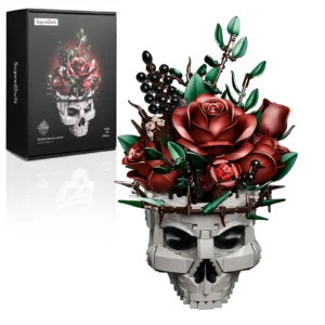SupreOwls Bausteine-Set mit Totenkopf-Blumen, Gothic-Rosen, Blumenstrauß, Spielzeug, Skelett, Pflanzgefäß, Blumendekoration, Halloween-Geschenke für Erwachsene