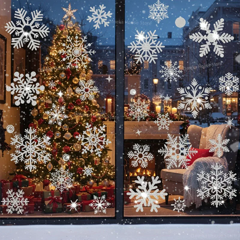 Neujahrstapete, Weihnachten Glitzer Schneeflocke Fensteraufkleber, elektrostatische Wandaufkleber Schneeflocke Tür Glas Dekor Aufkleber 2