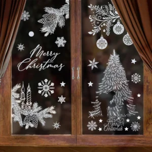 Wiederverwendbare Weihnachts-Fensteraufkleber, doppelseitiger Rentier-Schneeflocken-Aufkleber für Glas, einfach aufzutragen, abnehmbare PVC-Dekoration