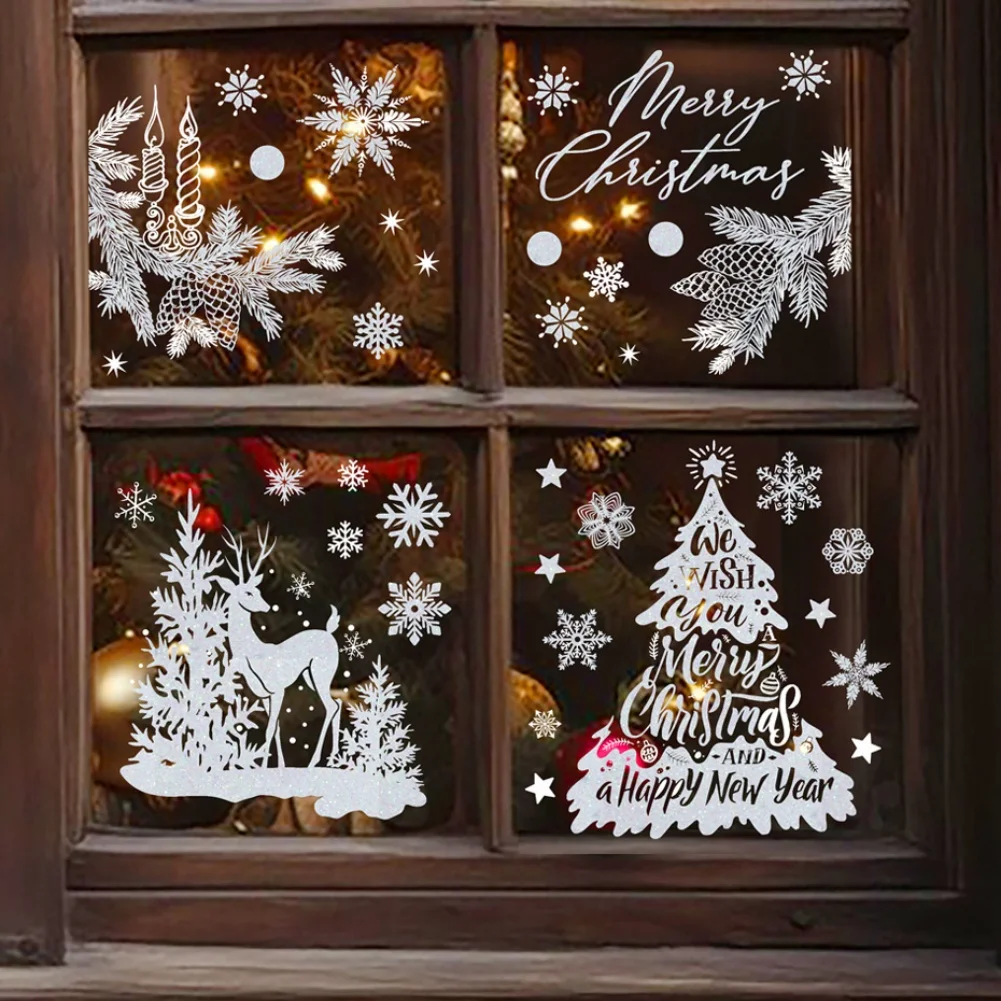 Wiederverwendbare Weihnachts-Fensteraufkleber, doppelseitiger Rentier-Schneeflocken-Aufkleber für Glas, einfach aufzutragen, abnehmbare PVC-Dekoration 2