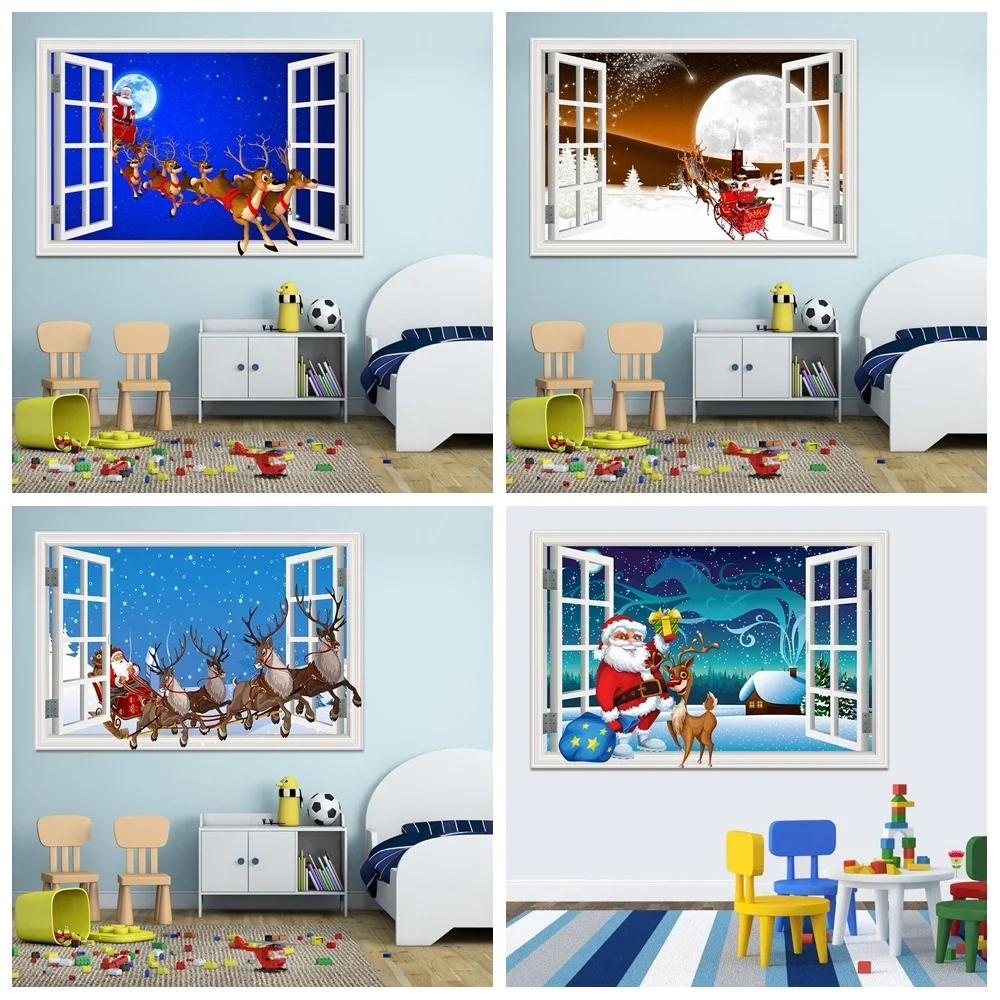 3D Weihnachten Fenster Ansicht Wand Anime Vinyl Aufkleber Santa Claus Deer Wandbild Aufkleber Kunst Festival Tapete Bild Für Zimmer Dekor