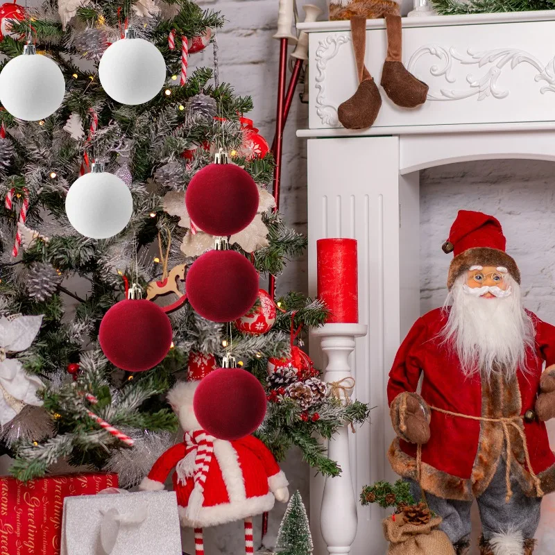 6–30 Stück rote beflockte Kugeln, Weihnachtsschmuck, Weihnachtsbaum-hängende Anhänger, Samtkugel, Hochzeit, Urlaub, Party, Heimdekoration 5