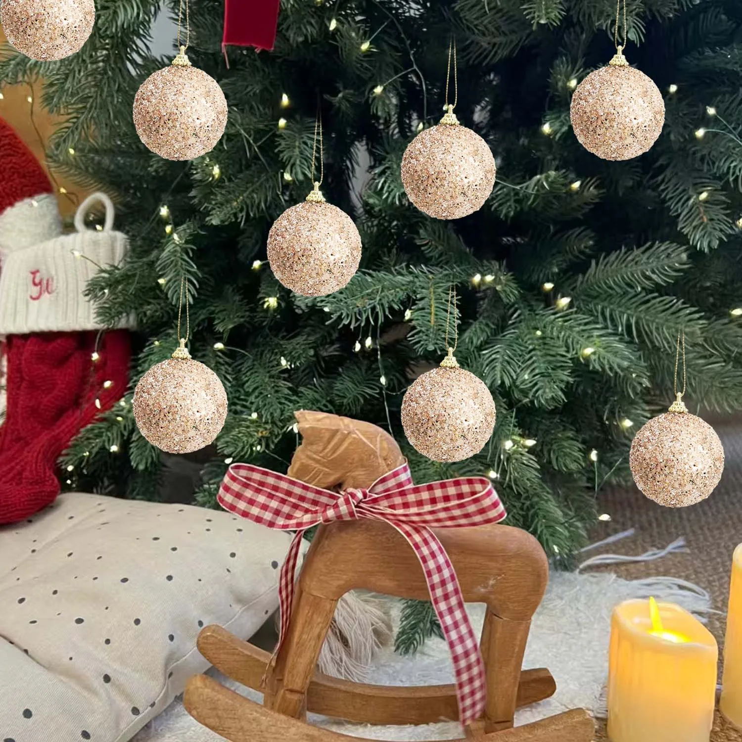 6–30 Stück Champagner-Gold-Glitzer-Weihnachtskugeln, 6 cm, Weihnachtsbaum-hängende funkelnde Kugel-Anhänger für Neujahr, Party, Dekoration, Ornamente 3