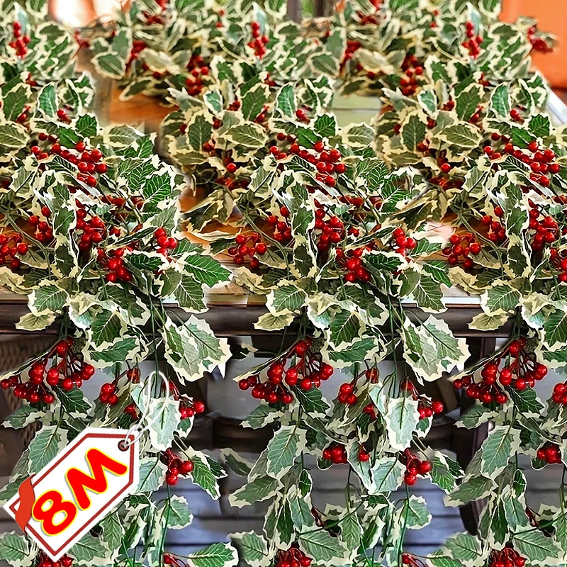 8/2m künstliche Stechpalmen blatt Rebe rote Beeren Weihnachts stern Blume Weihnachten Rattan Indoor Party Weihnachts baum Kranz Dekoration