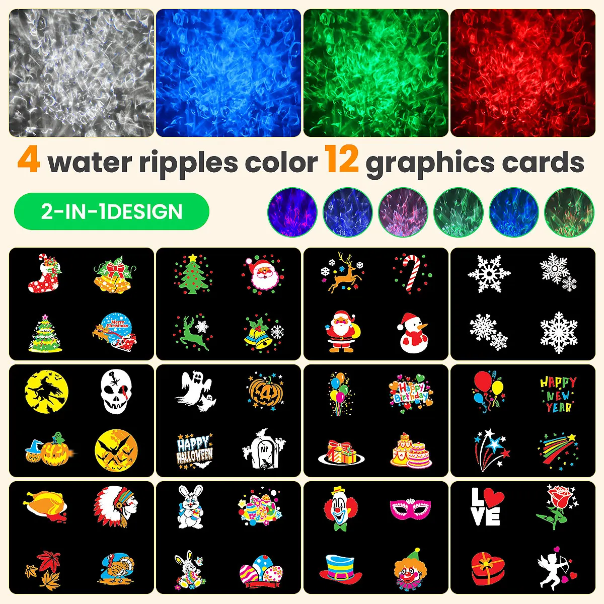 Halloween-Projektor, LED-Projektor, Weihnachten, Halloween-Projektor, Schneeflocken-Projektionslampe für den Außenbereich, Wasserwelleneffekt, 12 Muster 6