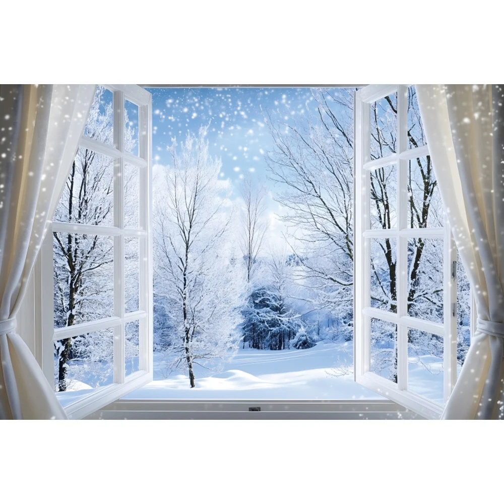 Winter Schnee Fenster Szene Fotografie Hintergrund Wunderland Schneeflocke Weiß Fenster Wald Weihnachten Party Foto Hintergrund Dekor 4
