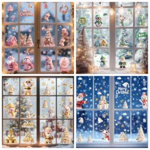 9 teile/satz Weihnachten Fenster Aufkleber Santa Claus Weihnachten Baum Schneeflocke Glas Aufkleber Neue Jahr Dekoration Elektrostatische Aufkleber
