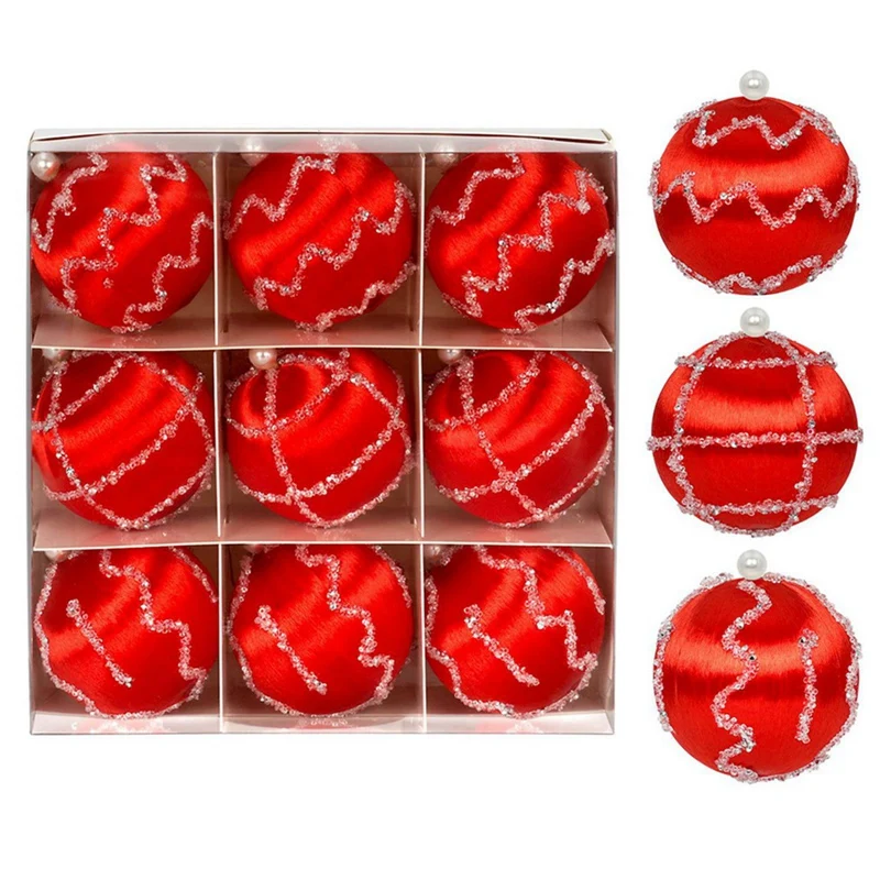 9 Stück 3,15 Zoll Seidenfaden bedeckte Weihnachtskugel-Ornamente aus Satin, bruchsichere Blasen-Set, Weihnachtsbaum-Hängedekorationen