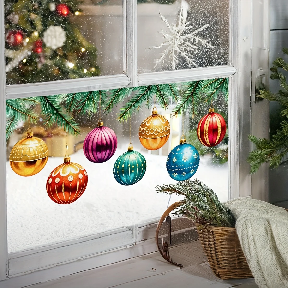 1 Satz dekorativer Glasaufkleber für Fenster mit Weihnachtsbaumzweig-Ornamenten mit statischer Haftung 2