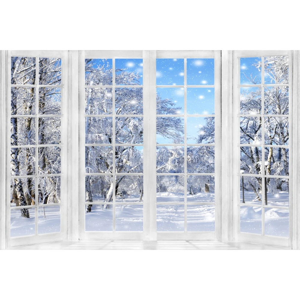 Winter Schnee Fenster Szene Fotografie Hintergrund Wunderland Schneeflocke Weiß Fenster Wald Weihnachten Party Foto Hintergrund Dekor 5
