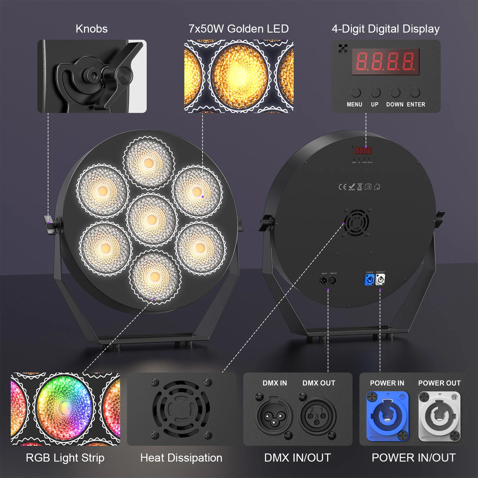 Yiflamefly 7X50W Goldene Retro Licht COB + RGB LED Par Licht DMX512 Bühne Lichter Für Hochzeit Party Club kirche Zeigen Weihnachten Halloween 4