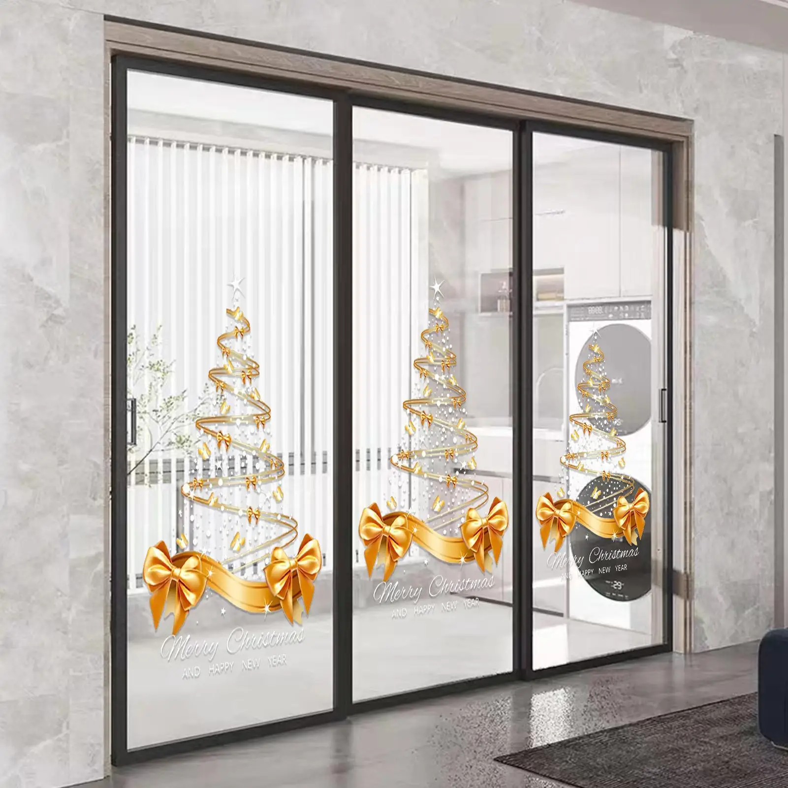 Weihnachts-Fensteraufkleber, 25,59 x 17,72 Zoll, doppelseitig, goldene Weihnachtsbaum-Fensteraufkleber, selbstklebend, für Ferienhaus