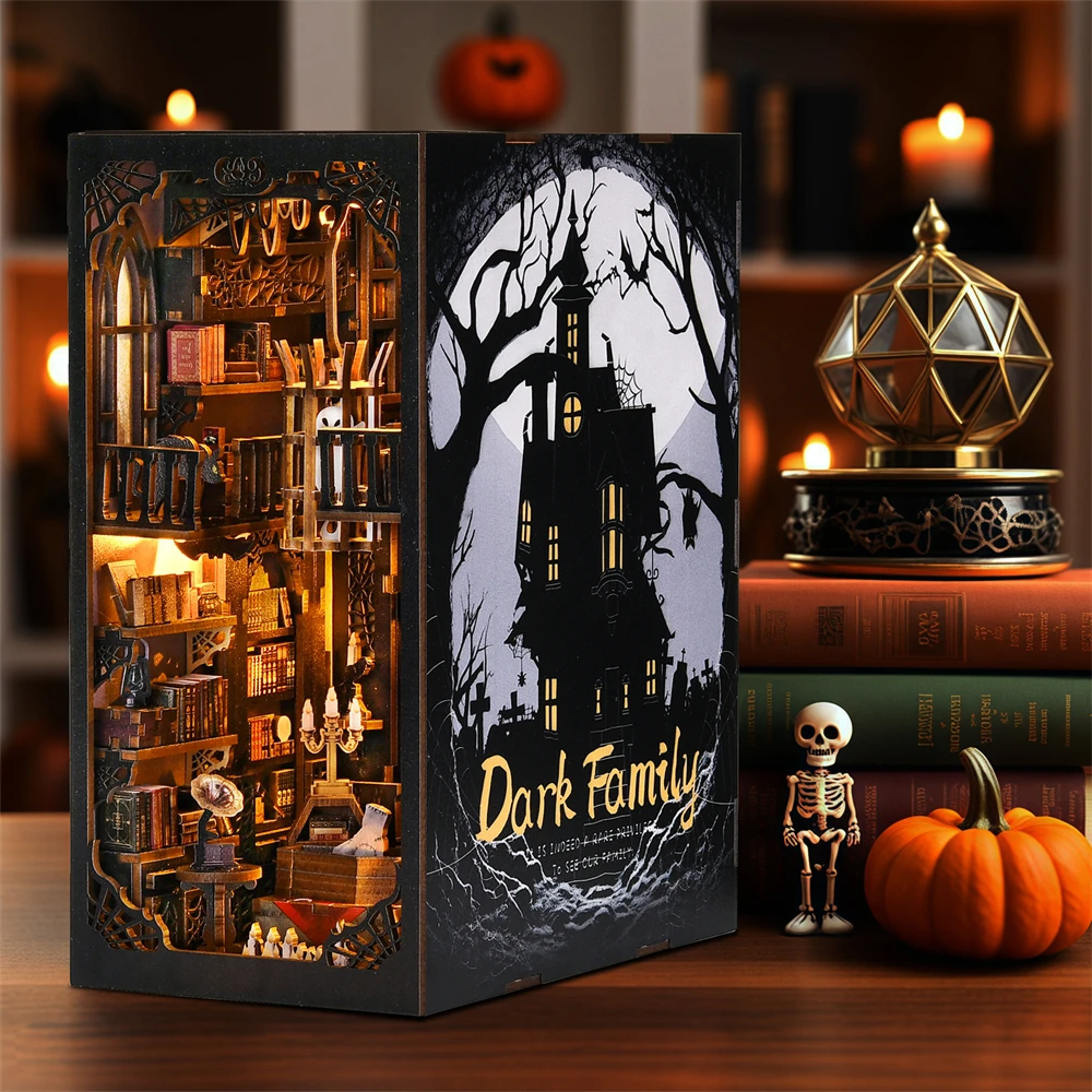Book Nook Kit Dark Family DIY Holzpuzzle Gothic-Stil Halloween Bücherregal Puppenhaus Modell Buchstütze Gebäude Heimdekoration 1