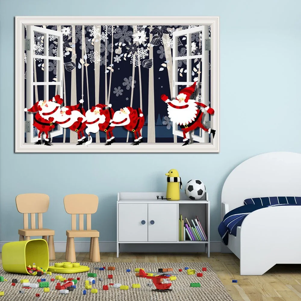 3D Weihnachten Fenster Ansicht Wand Anime Vinyl Aufkleber Santa Claus Deer Wandbild Aufkleber Kunst Festival Tapete Bild Für Zimmer Dekor 3