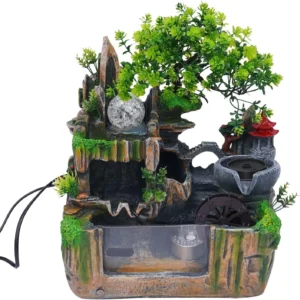 Wasserbrunnen für den Innenbereich, Felsgarten, Ornamente, Wasserfallbrunnen aus Kunstharz mit LED-Beleuchtung und Zerstäubertisch, Wasserfunktion