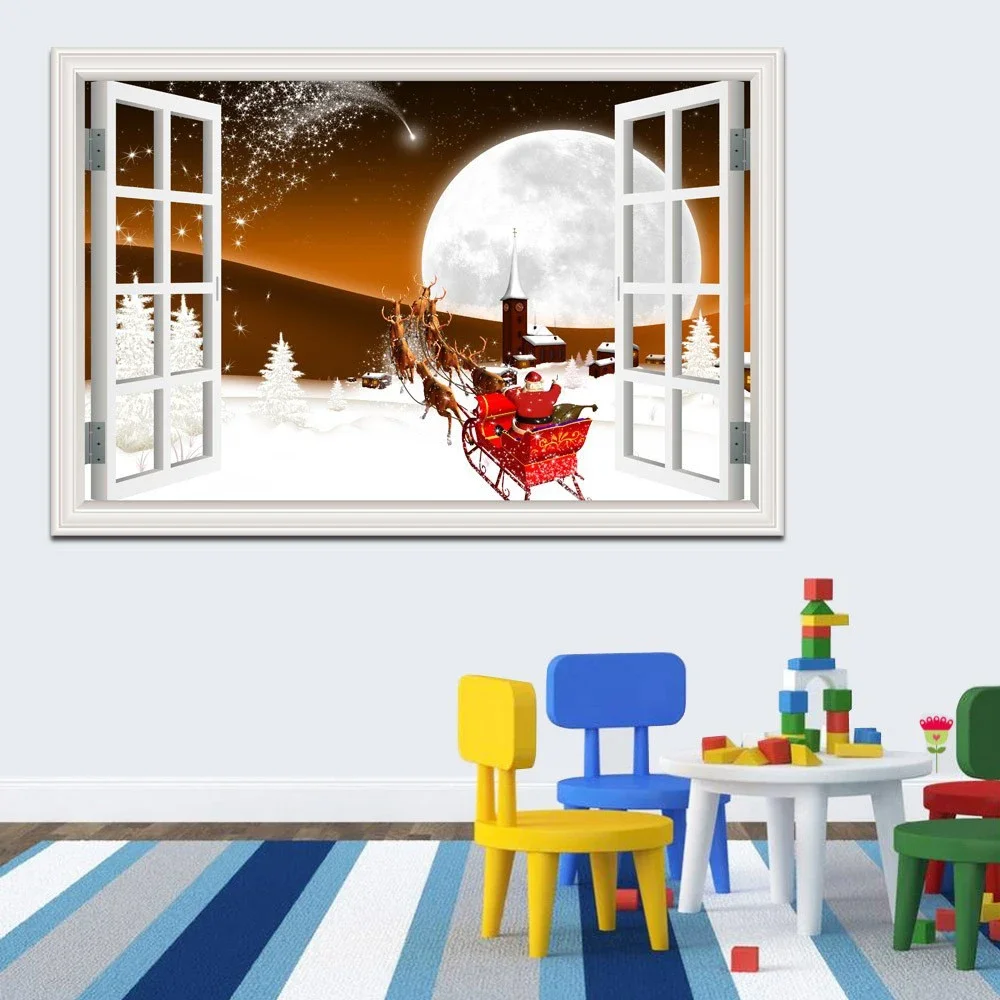 3D Weihnachten Fenster Ansicht Wand Anime Vinyl Aufkleber Santa Claus Deer Wandbild Aufkleber Kunst Festival Tapete Bild Für Zimmer Dekor 5