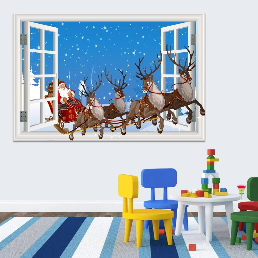 3D Weihnachten Fenster Ansicht Wand Anime Vinyl Aufkleber Santa Claus Deer Wandbild Aufkleber Kunst Festival Tapete Bild Für Zimmer Dekor 4